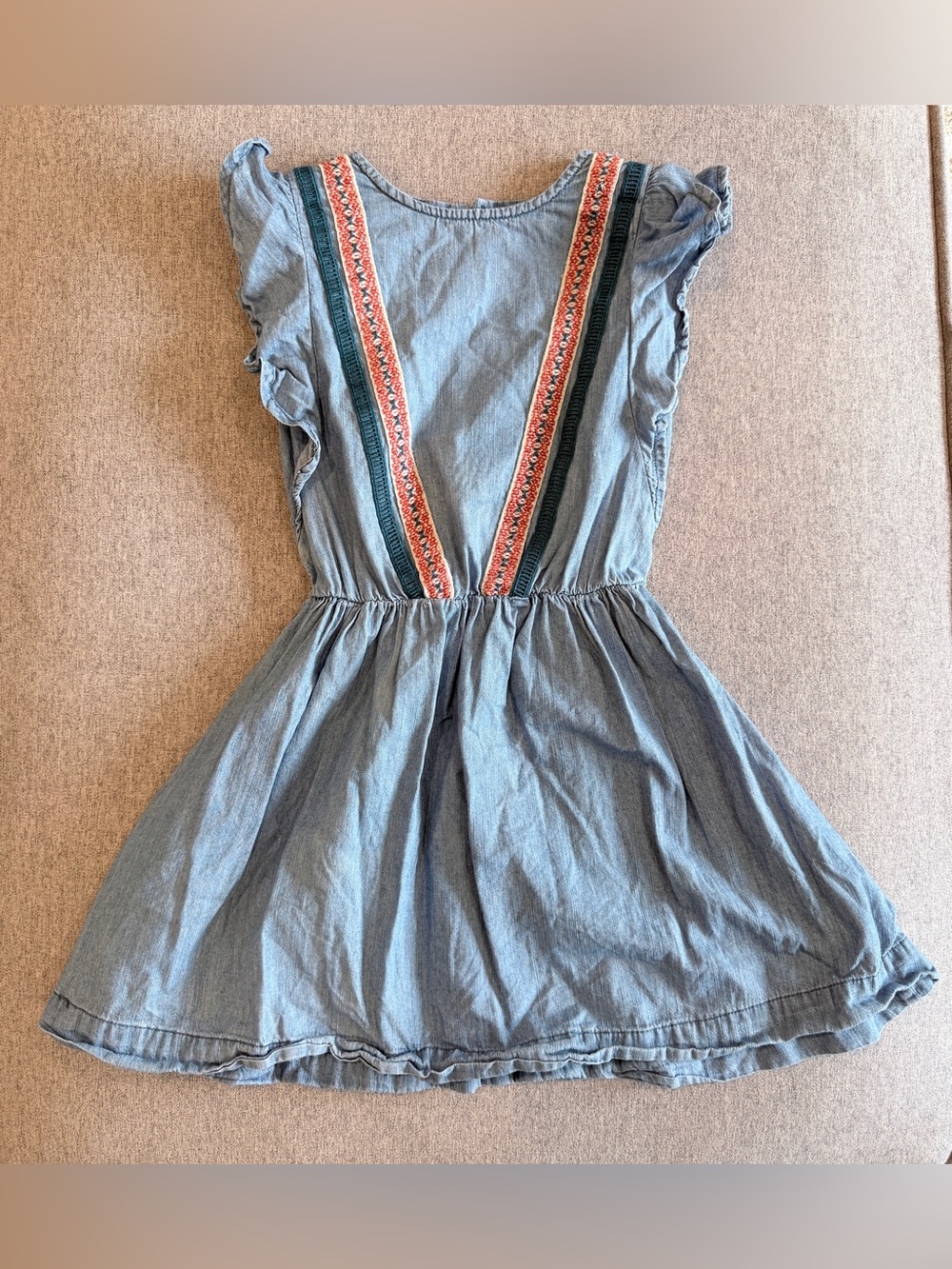 Lucky Brand Girls Chambray Embroidered Ruffle Western Dress 4/5 Rodeo Denim